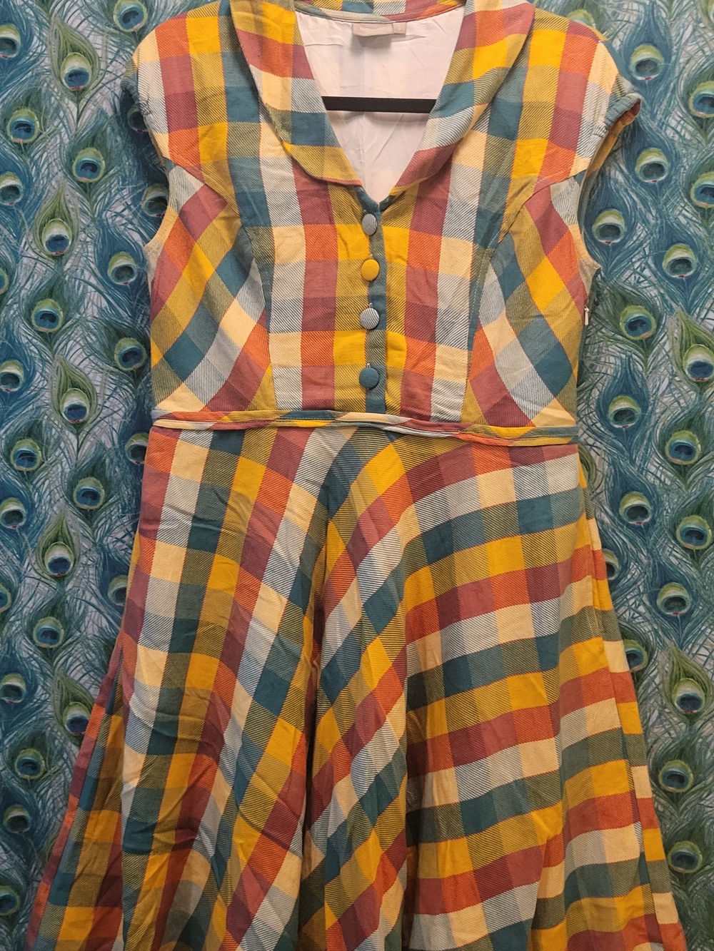 eshakti Multicolor Plaid Midi Dress in Yellow, Blue, Red